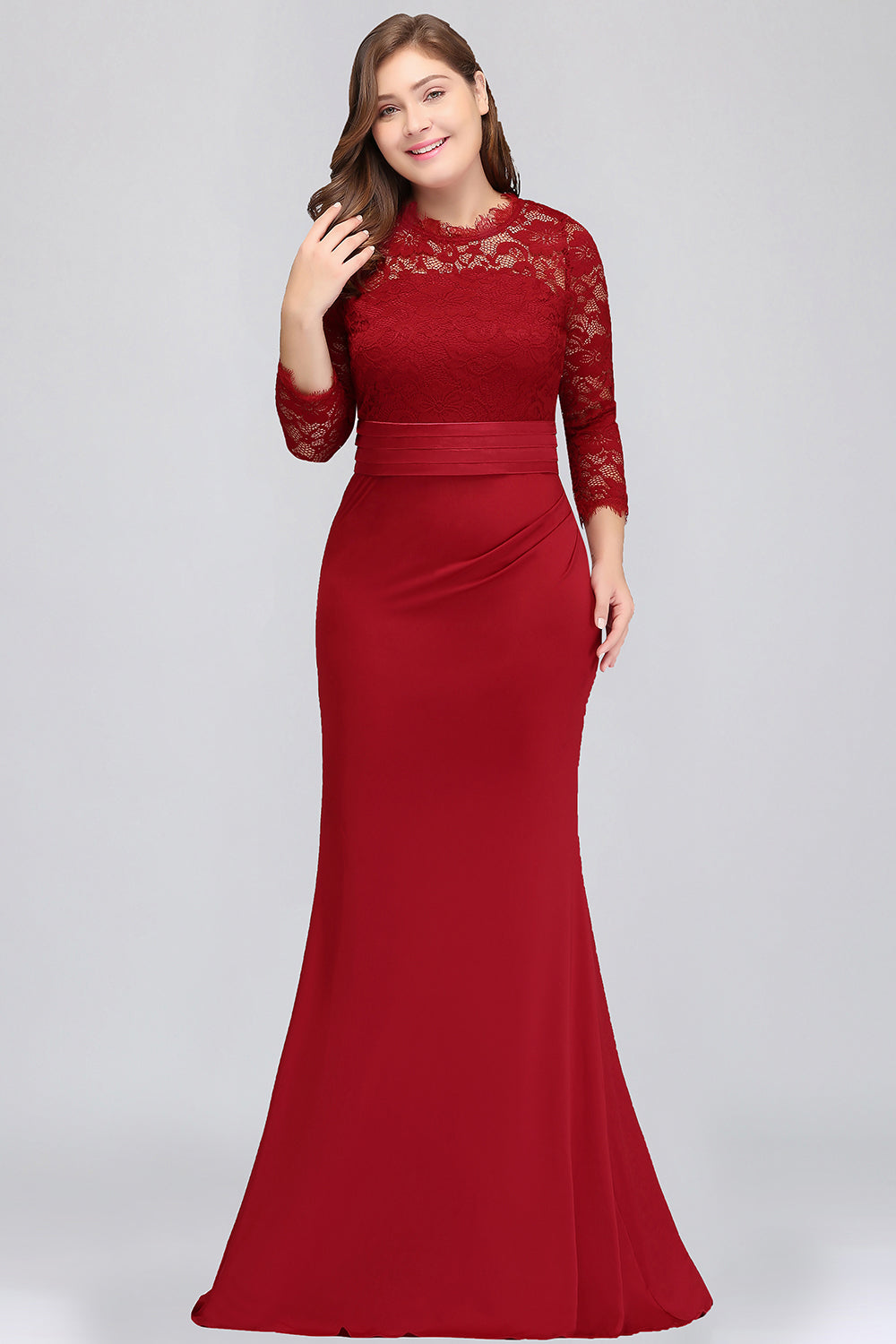 Plus Size Mermaid Long Red Lace Bridesmaid dresses with 3/4 Sleeves - Fashionpara