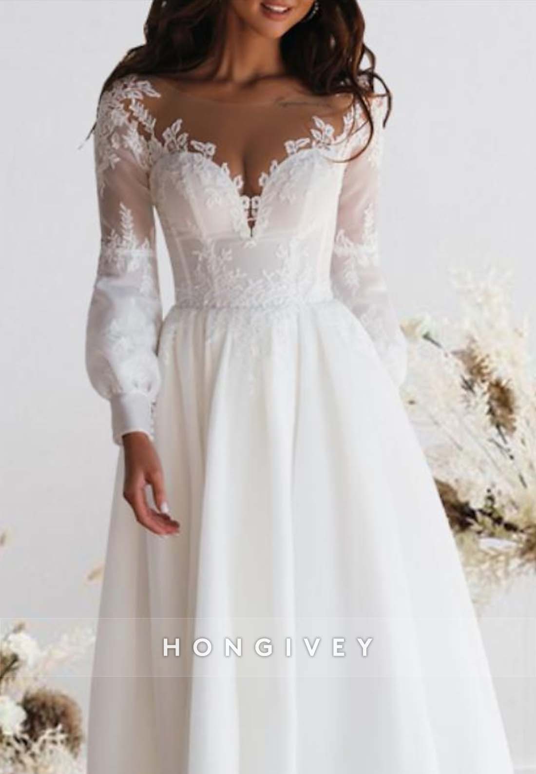 Tea-Length Pleated A-line Long Sleeve Lace V Neck Wedding Dresses