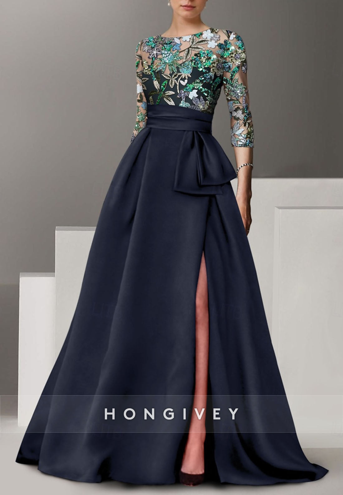 A-line Floor-Length High Slit Illusion Neck Evening Gown Beading 3/4 Sleeve Pleated Formal Dresses