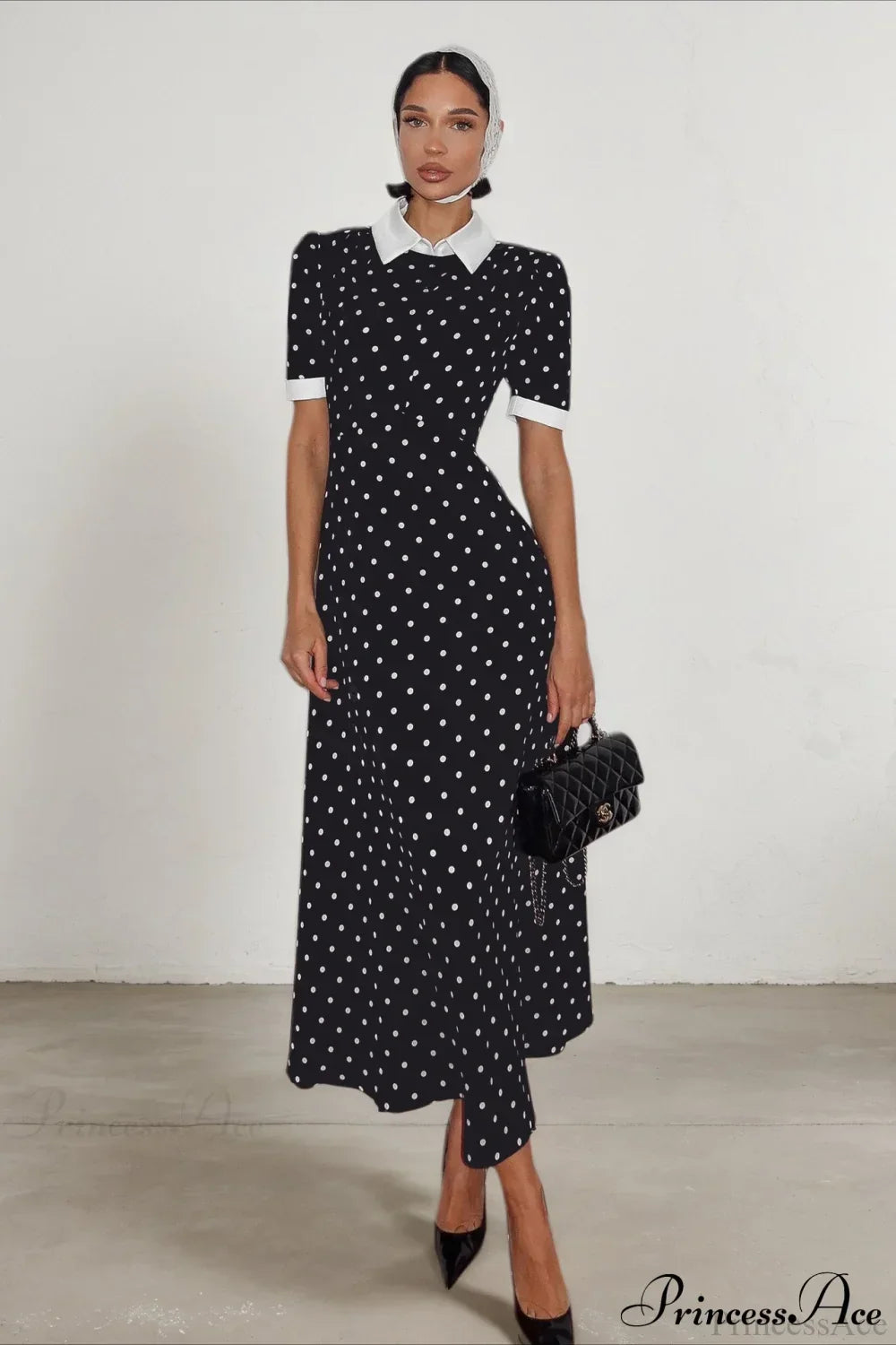 Polka Dot Collared Puff Sleeve Dress