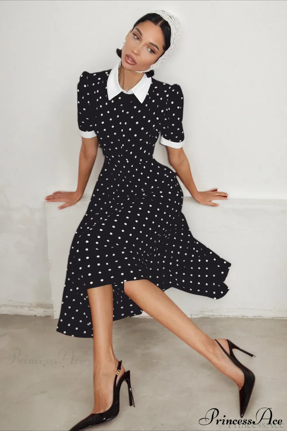 Polka Dot Collared Puff Sleeve Dress