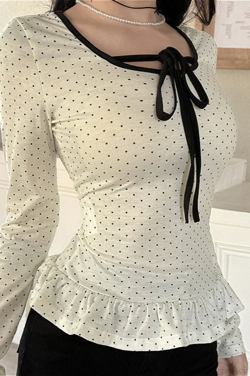 Polka Dot Bow Front Ruffle Fitted Long Sleeve Tee