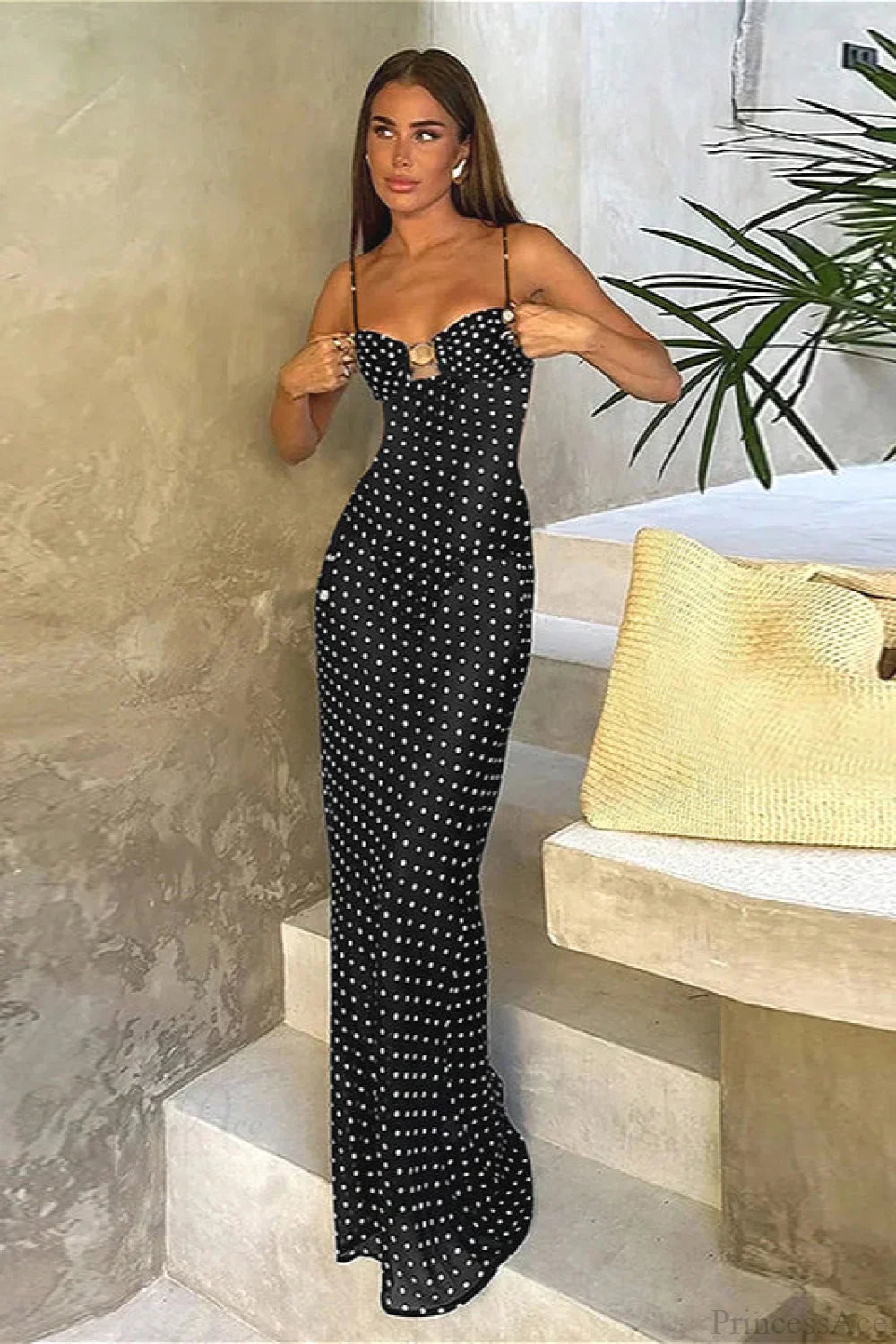 Polka Dot Sweetheart Spaghetti Strap Bodycon Maxi Dress