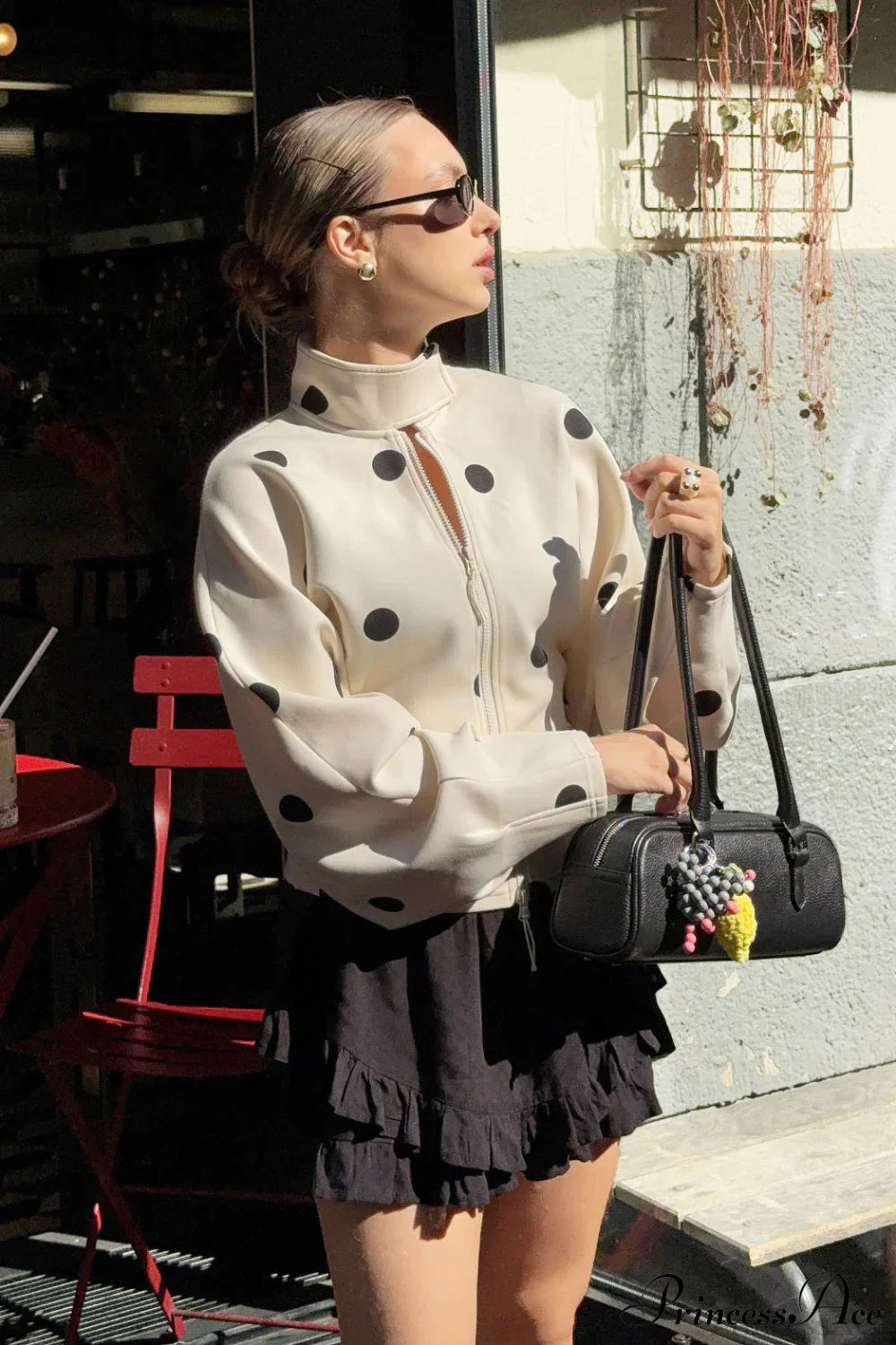 Polka Dot High Neck Zip Waist Coat for Stylish Layering