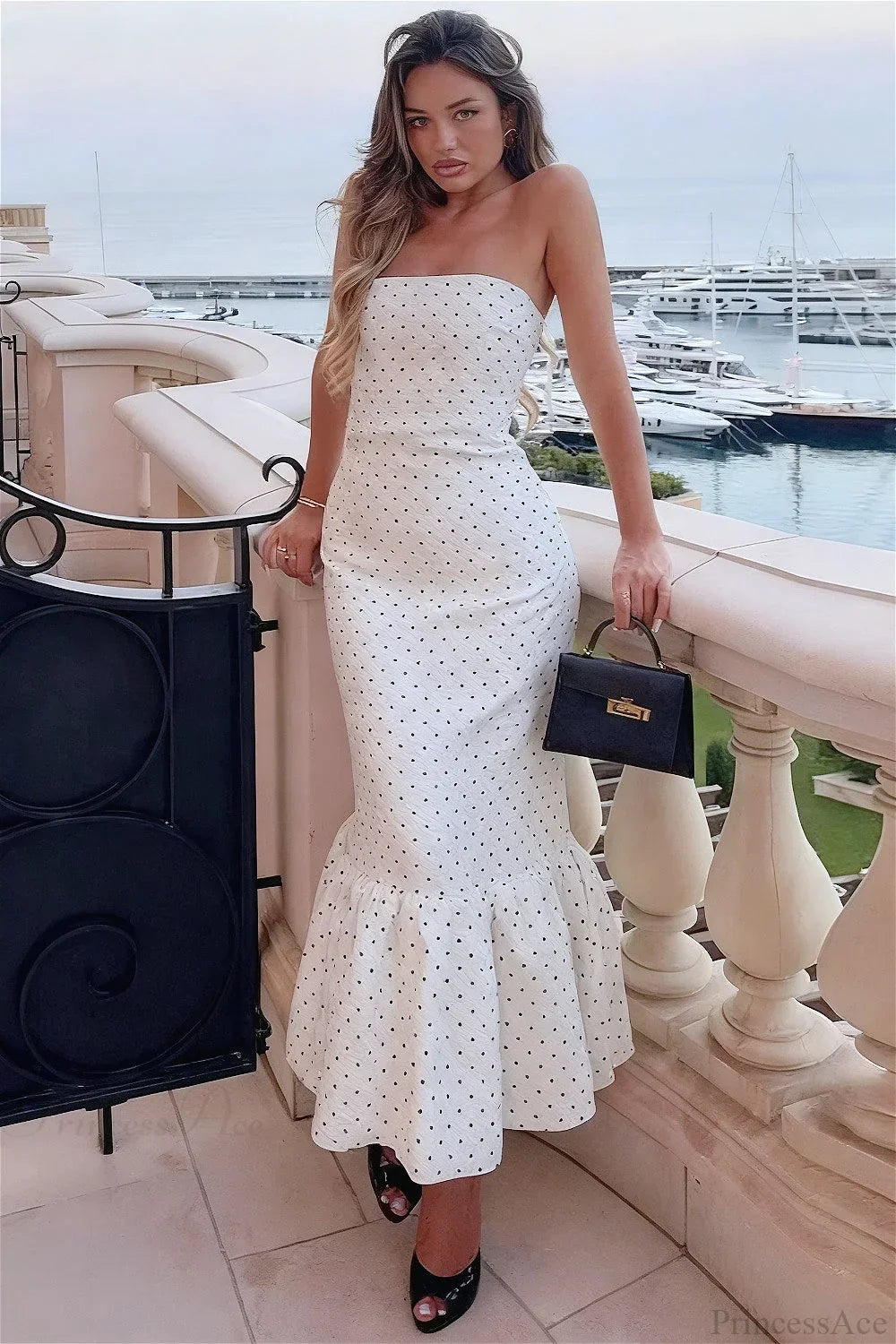 Polka Dot Strapless Mermaid Maxi Dress 8