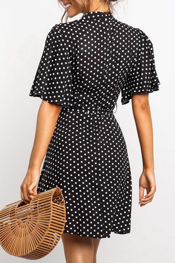 Polka Dot Printed Chiffon Dress with High Waist