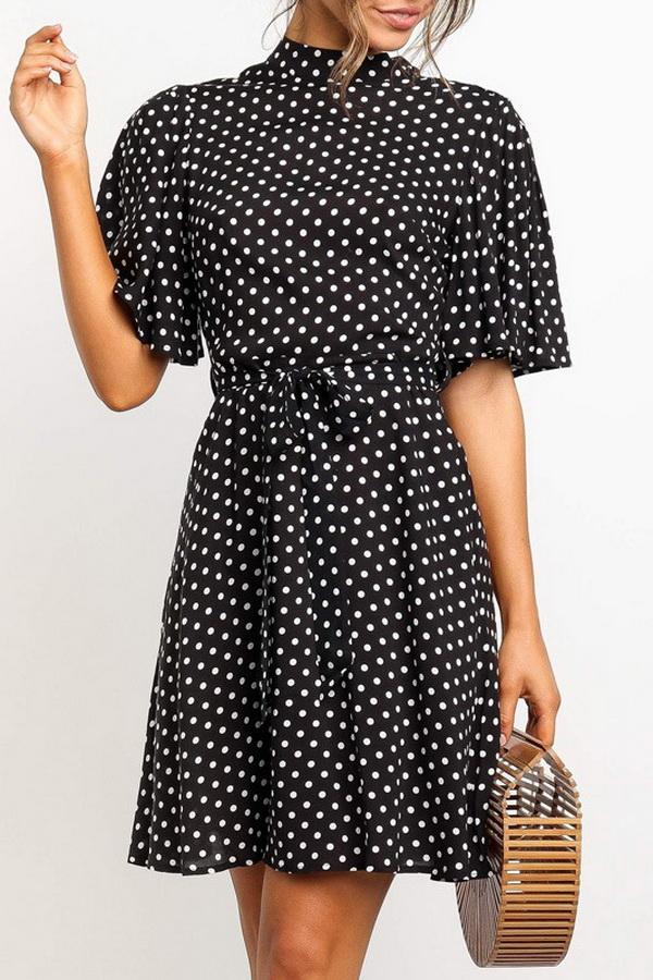 Polka Dot Printed Chiffon Dress with High Waist