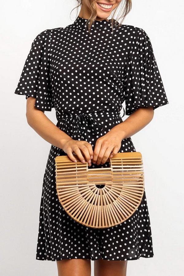 Polka Dot Printed Chiffon Dress with High Waist