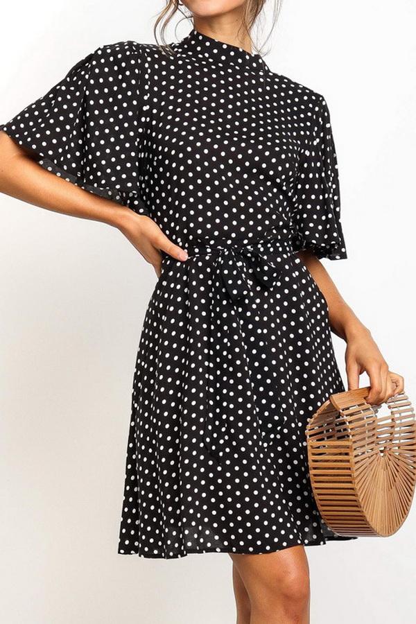 Polka Dot Printed Chiffon Dress with High Waist