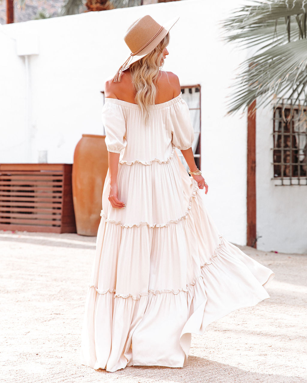 Off Shoulder Puff Sleeve Tiered Ruffle Maxi Dress
