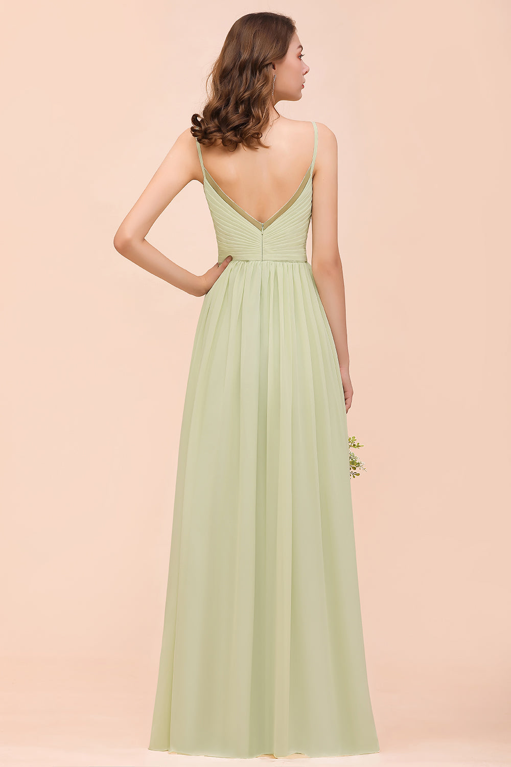 Popular V-Neck Sage Chiffon Affordable Bridesmaid Dresses with Low Back - Fashionpara