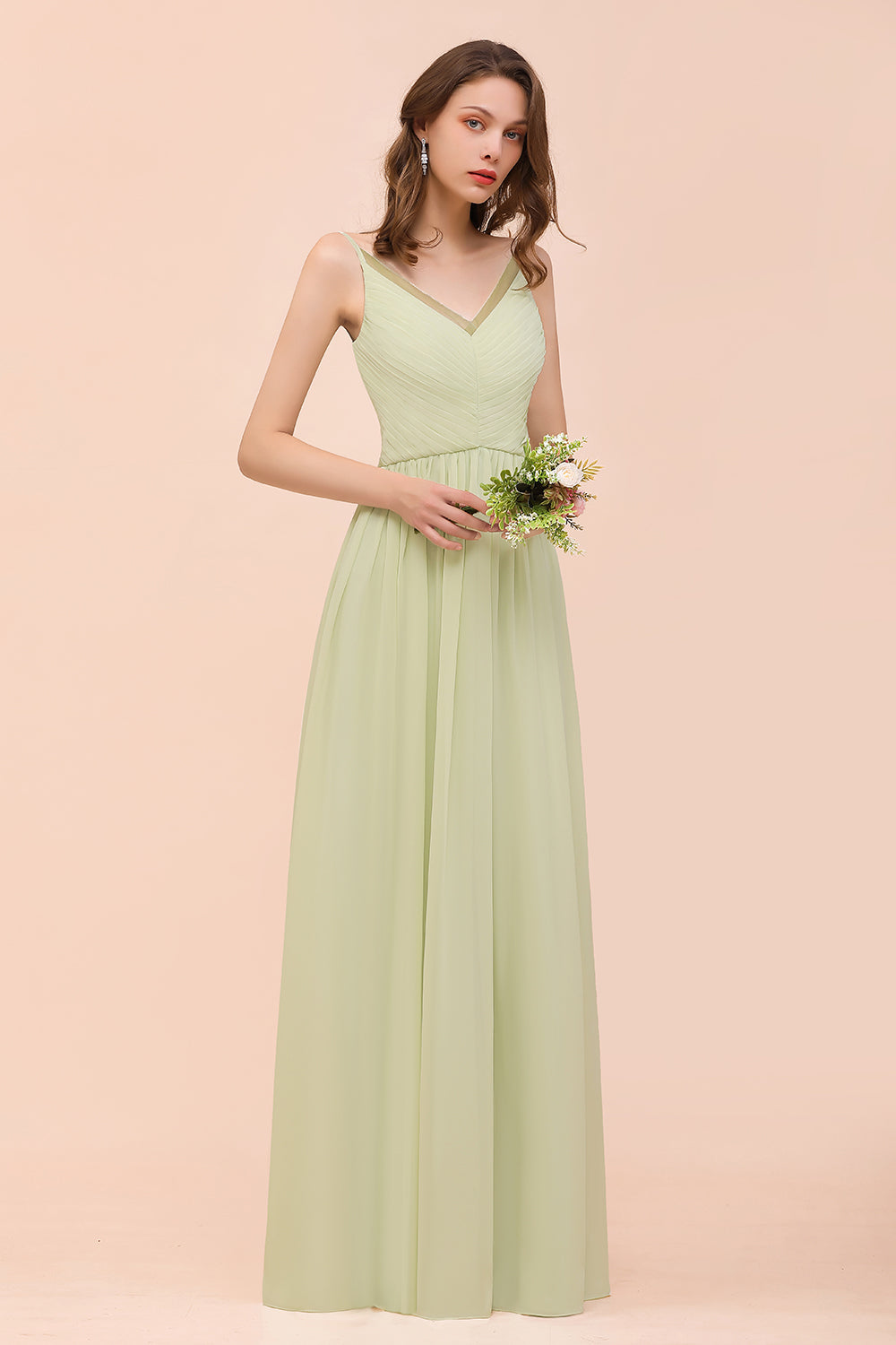Popular V-Neck Sage Chiffon Affordable Bridesmaid Dresses with Low Back - Fashionpara