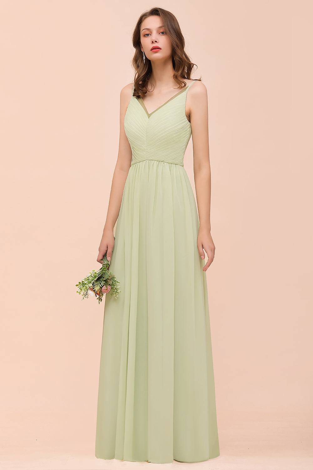 Popular V-Neck Sage Chiffon Affordable Bridesmaid Dresses with Low Back - Fashionpara