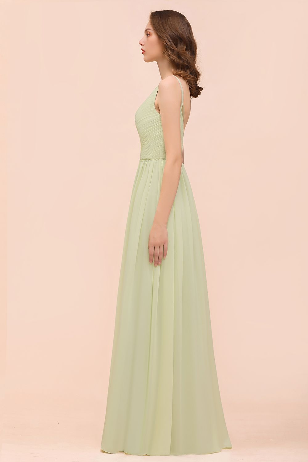 Popular V-Neck Sage Chiffon Affordable Bridesmaid Dresses with Low Back - Fashionpara