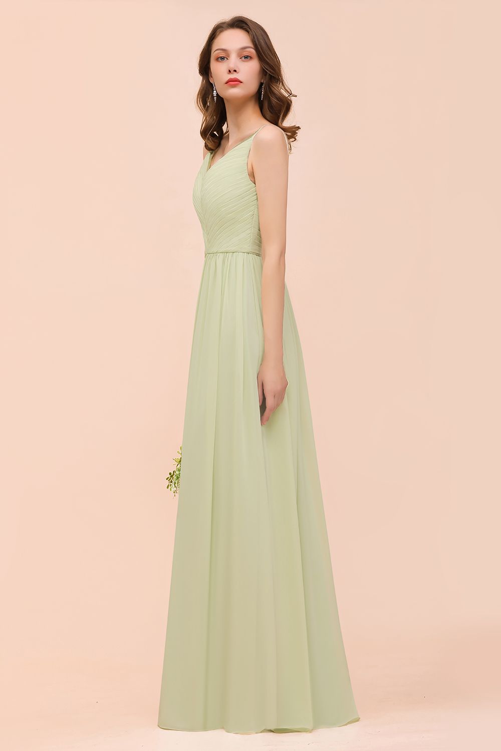 Popular V-Neck Sage Chiffon Affordable Bridesmaid Dresses with Low Back - Fashionpara