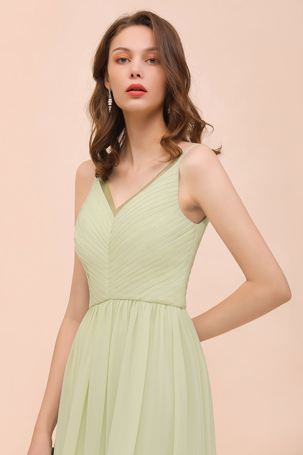Popular V-Neck Sage Chiffon Affordable Bridesmaid Dresses with Low Back - Fashionpara