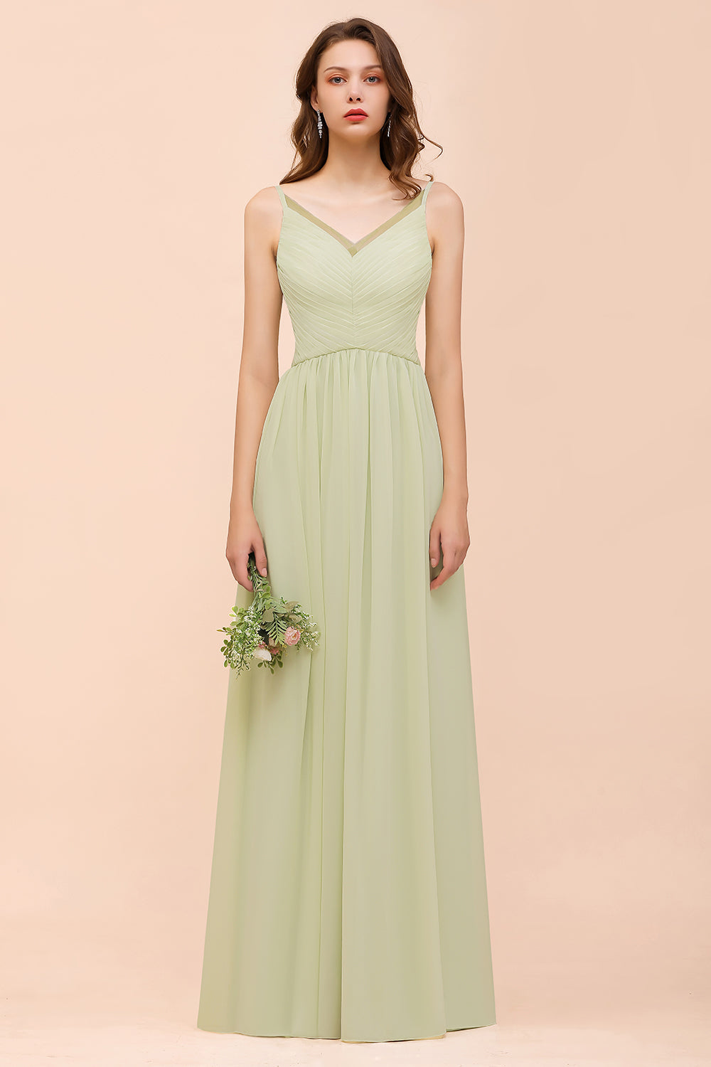 Popular V-Neck Sage Chiffon Affordable Bridesmaid Dresses with Low Back - Fashionpara