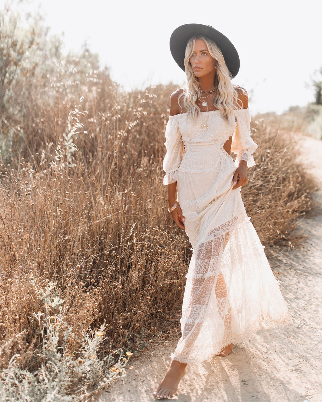 Lace Off Shoulder Puff Sleeve Tiered Maxi Dress