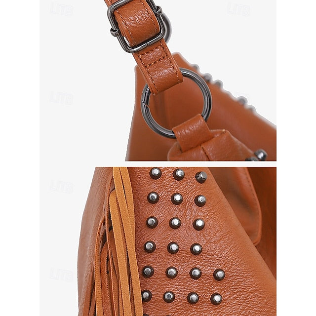 Brown Leather Boho Studded Bag Hobo Skull Fringe
