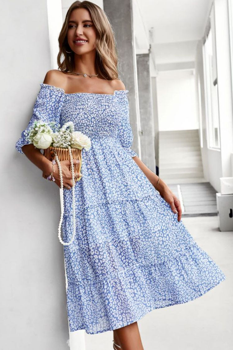 Floral Print Off Shoulder Smocked Puff Sleeve Tiered Midi Dress