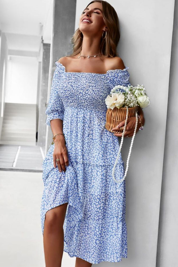 Floral Print Off Shoulder Smocked Puff Sleeve Tiered Midi Dress 2
