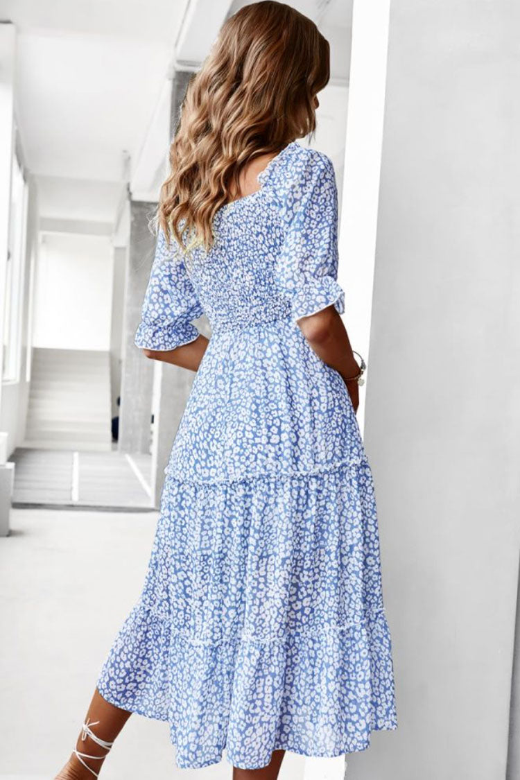 Floral Print Off Shoulder Smocked Puff Sleeve Tiered Midi Dress 3
