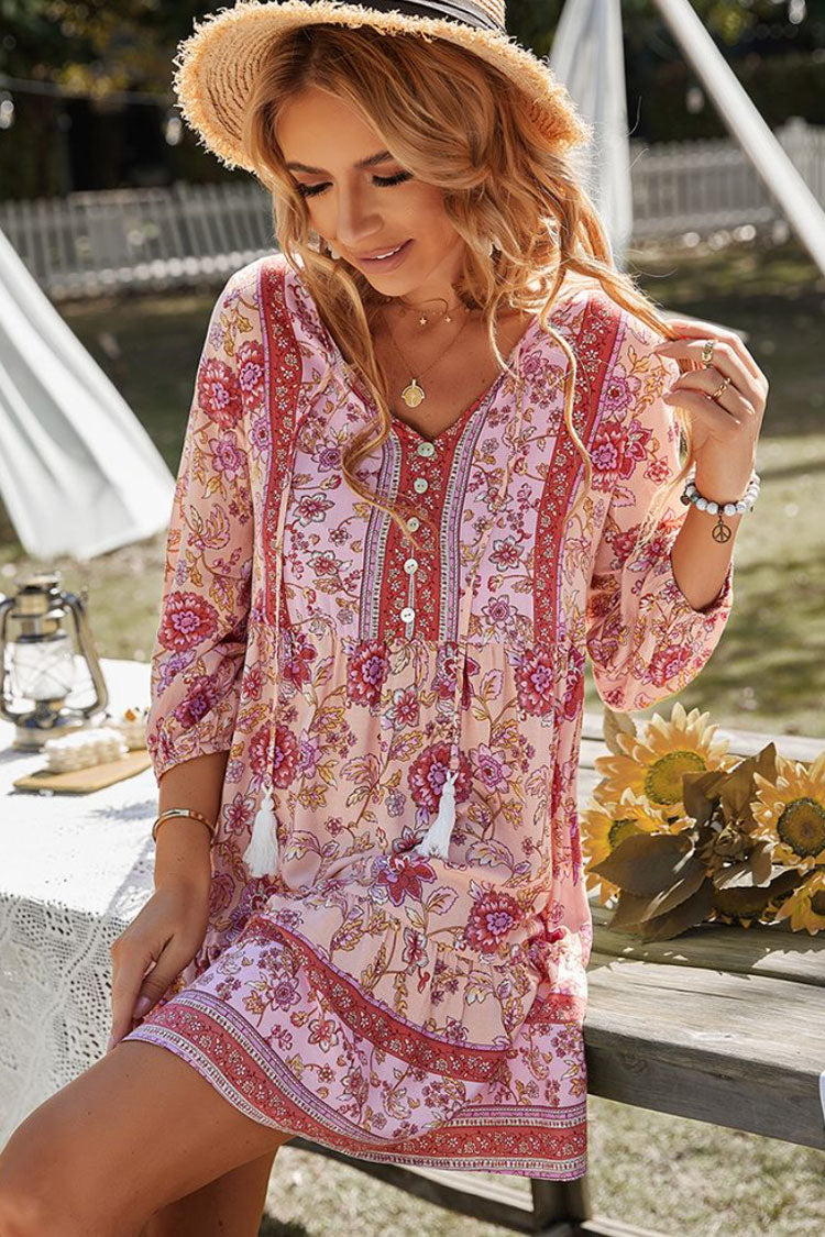 Prairie Tie Neck Half Button Floral Printed Boho Chic Mini Dress - Pink Fashionpara