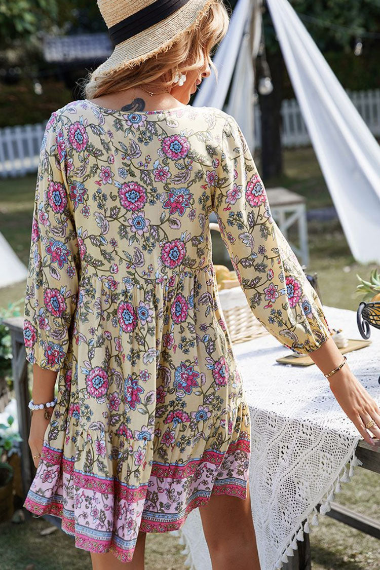 Prairie Tie Neck Half Button Floral Printed Boho Chic Mini Dress - Yellow Fashionpara