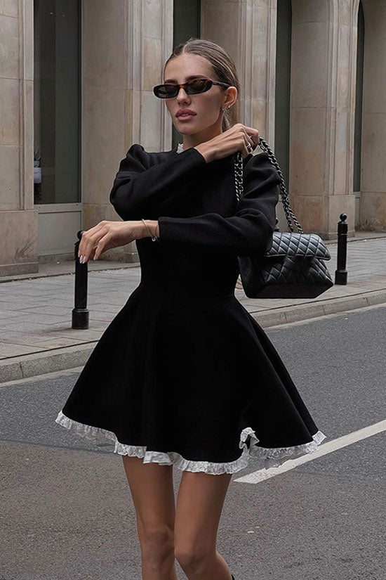 Prep School Frill Detail Long Sleeve Fit and Flare Party Mini Dress - Black Fashionpara