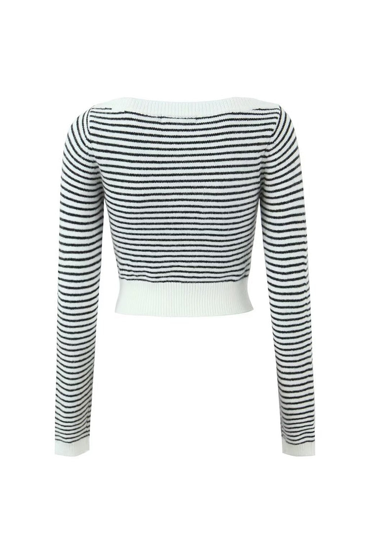 Rosedress Black and White Striped Cropped Knit Sweater