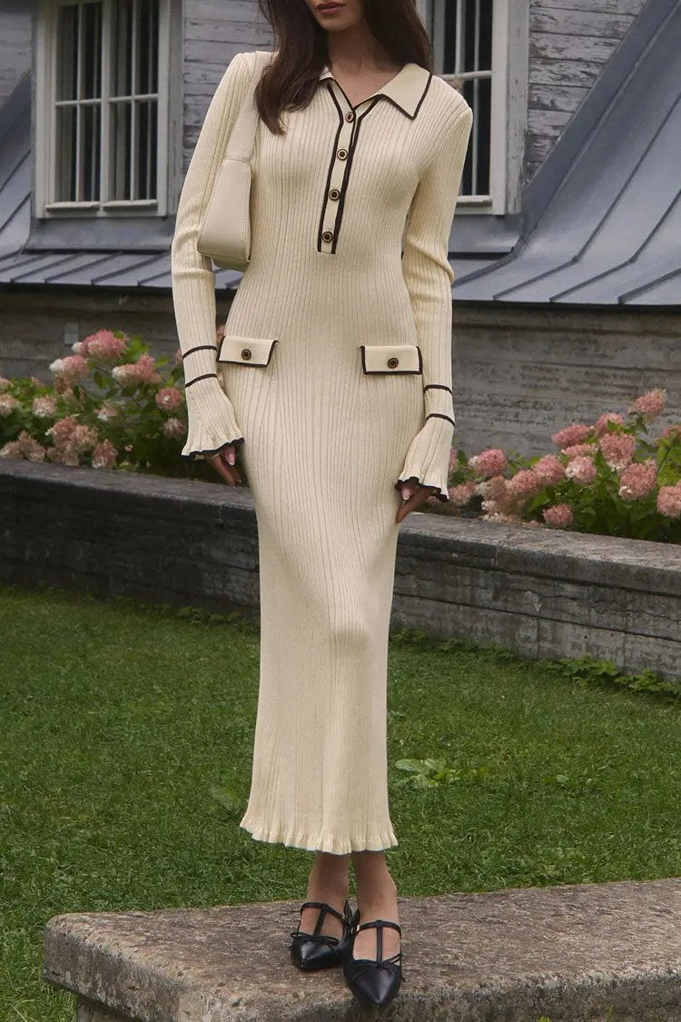 Preppy Chic Contrast Collar Button Up Long Sleeve Ribbed Knit Sweater Midi Dress - Beige  Fashionpara