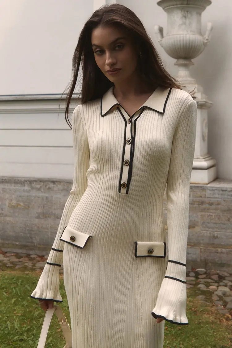 Preppy Chic Contrast Collar Button Up Long Sleeve Ribbed Knit Sweater Midi Dress - Beige  Fashionpara