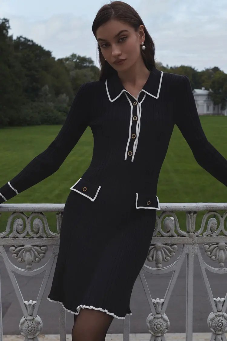 Preppy Chic Contrast Collar Button Up Long Sleeve Ribbed Knit Sweater Mini Dress - Black  Fashionpara