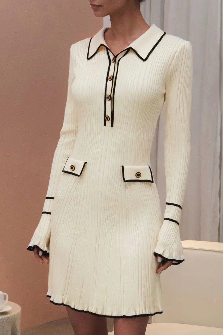 Preppy Chic Contrast Collar Button Up Long Sleeve Ribbed Knit Sweater Mini Dress - Beige  Fashionpara