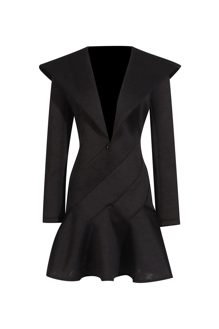 Preppy Deep V Spread Hooded Long Sleeve Slanted Panel Fluted Mini Dress - Fashionpara