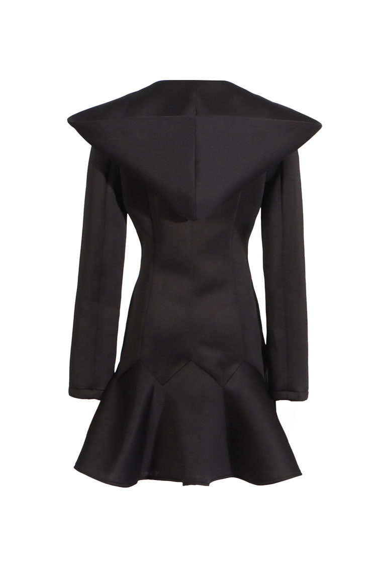 Preppy Deep V Spread Hooded Long Sleeve Slanted Panel Fluted Mini Dress - Fashionpara