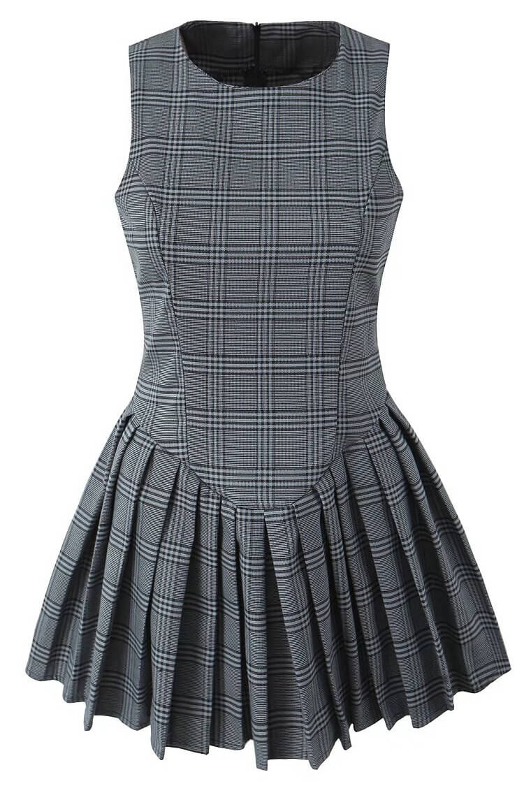 Preppy Plaid Print Crew Neck Sleeveless Drop Waist Pleated Mini Dress