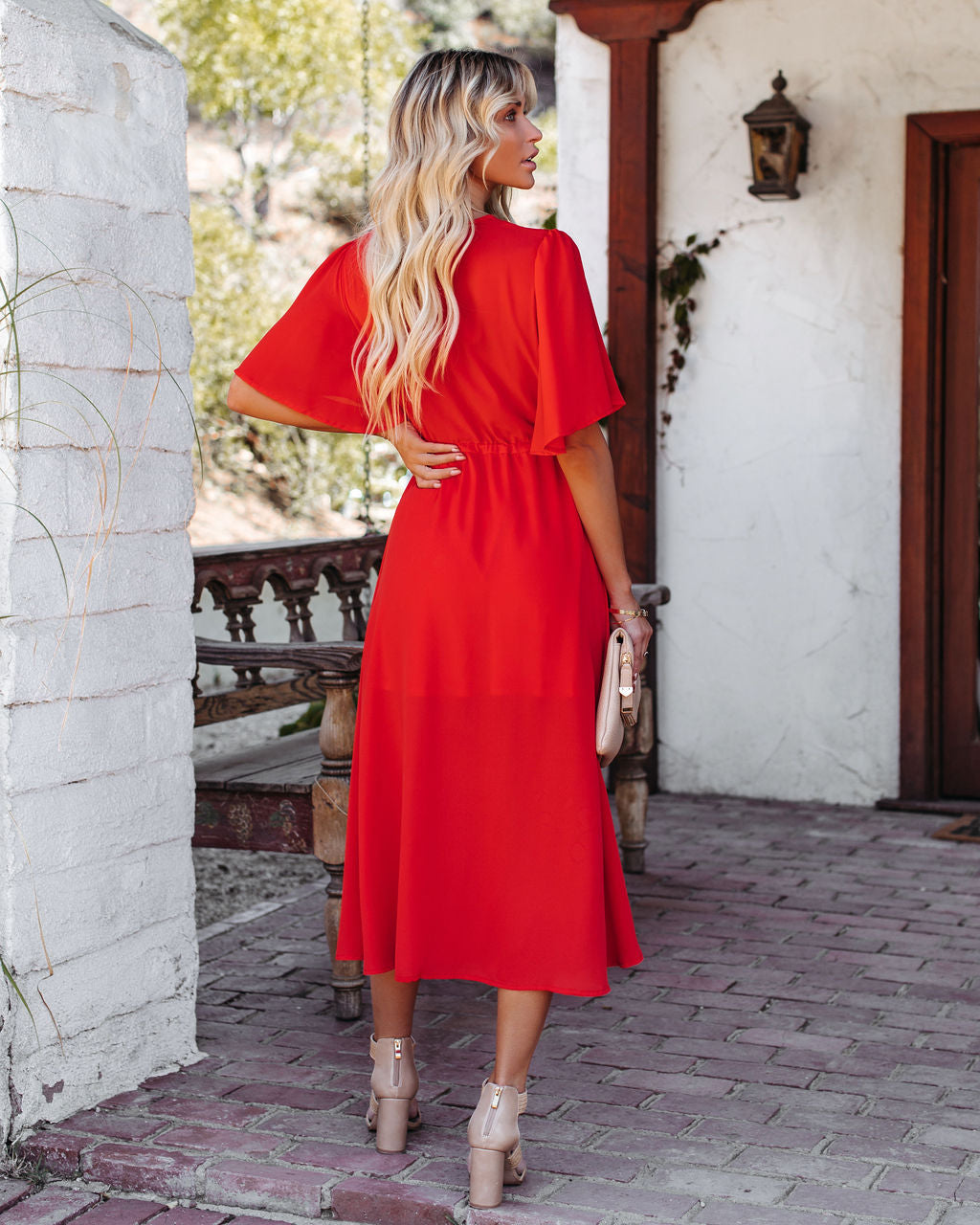 Embroidered V-Neck Flutter Sleeve Midi Dress
