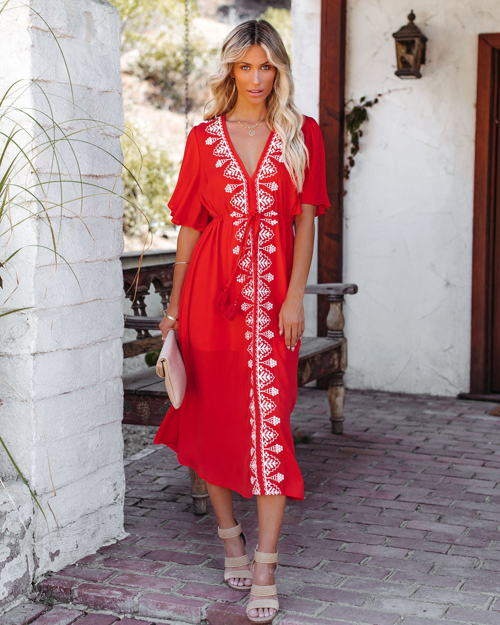 Embroidered V-Neck Flutter Sleeve Midi Dress