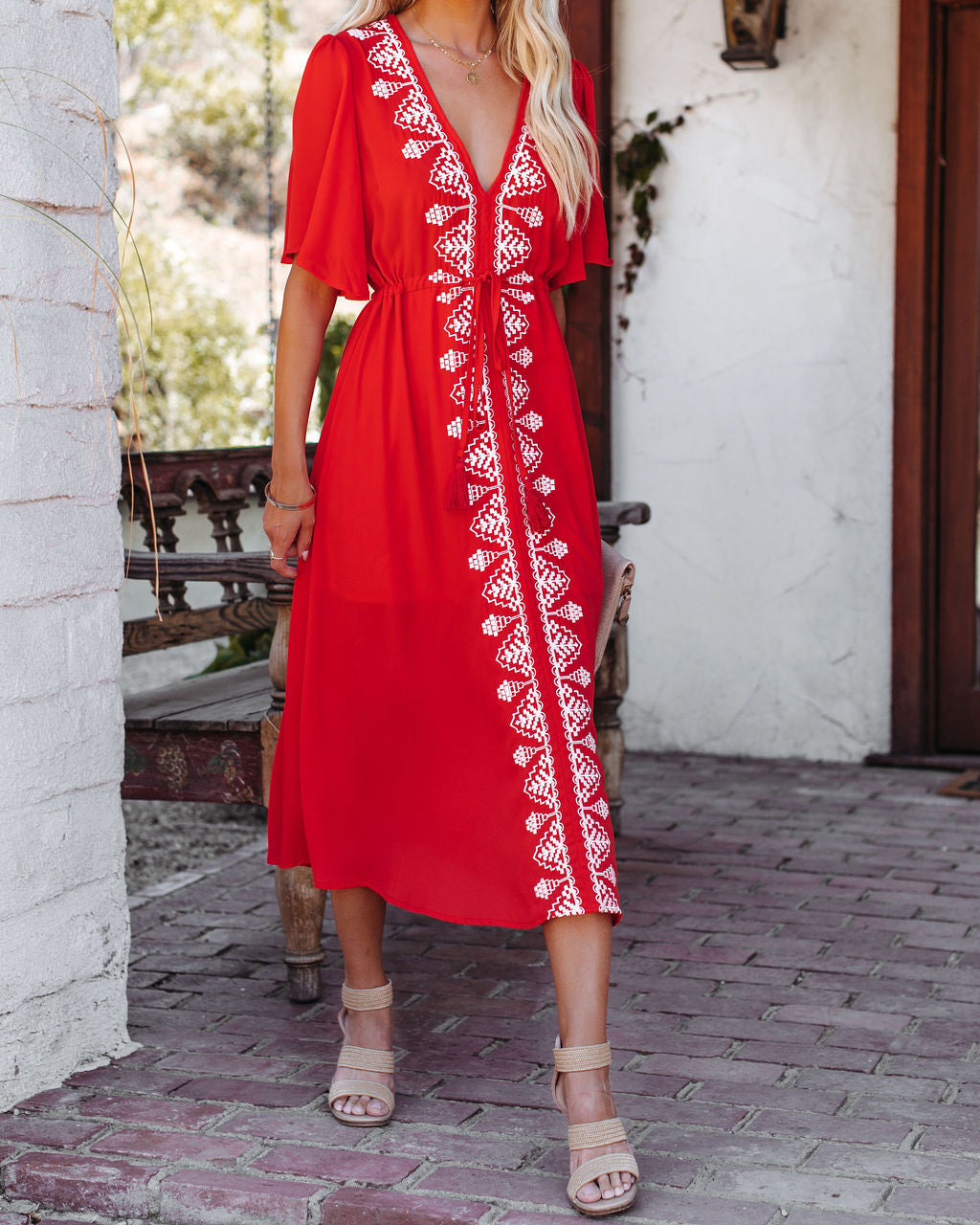 Embroidered V-Neck Flutter Sleeve Midi Dress