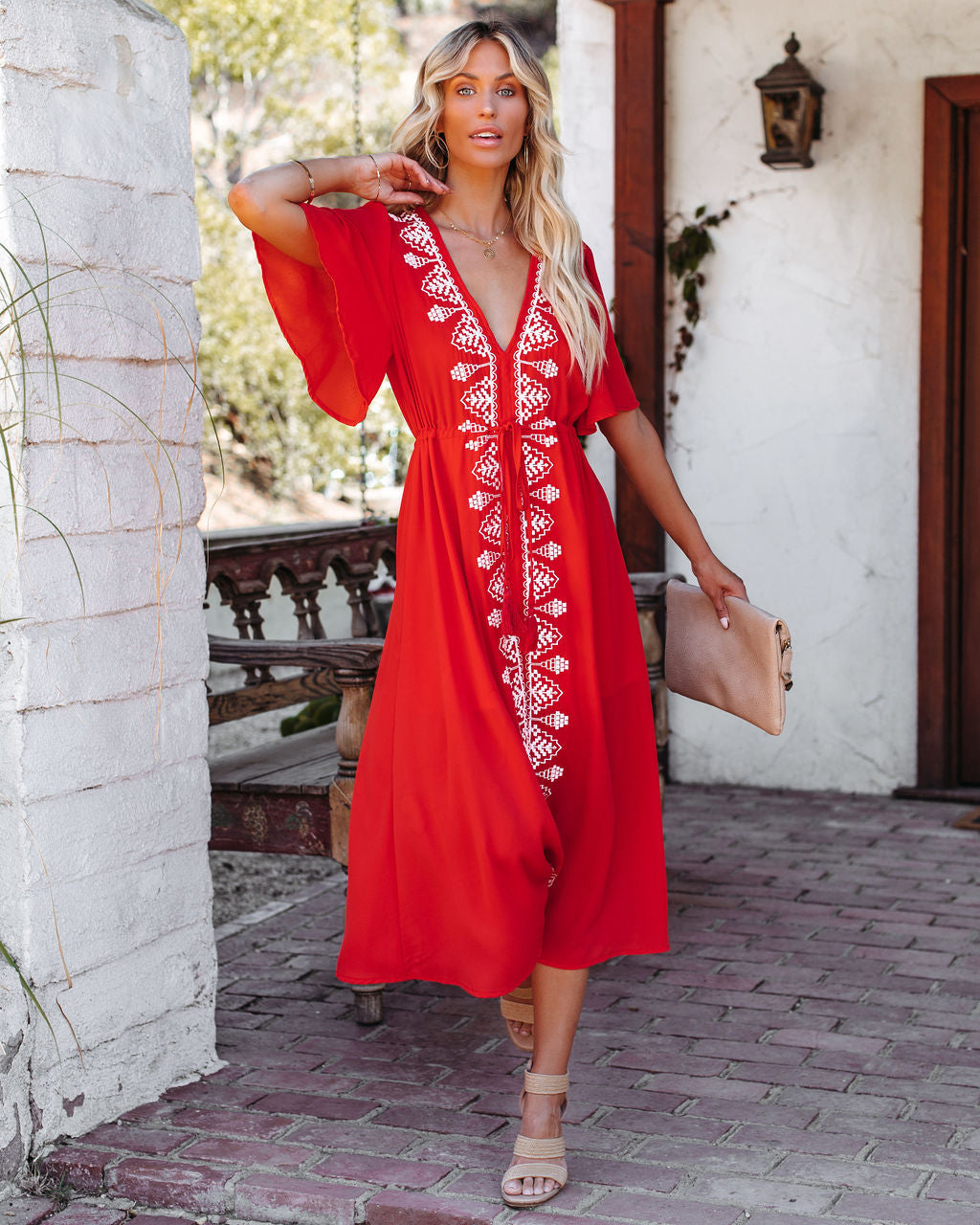 Embroidered V-Neck Flutter Sleeve Midi Dress
