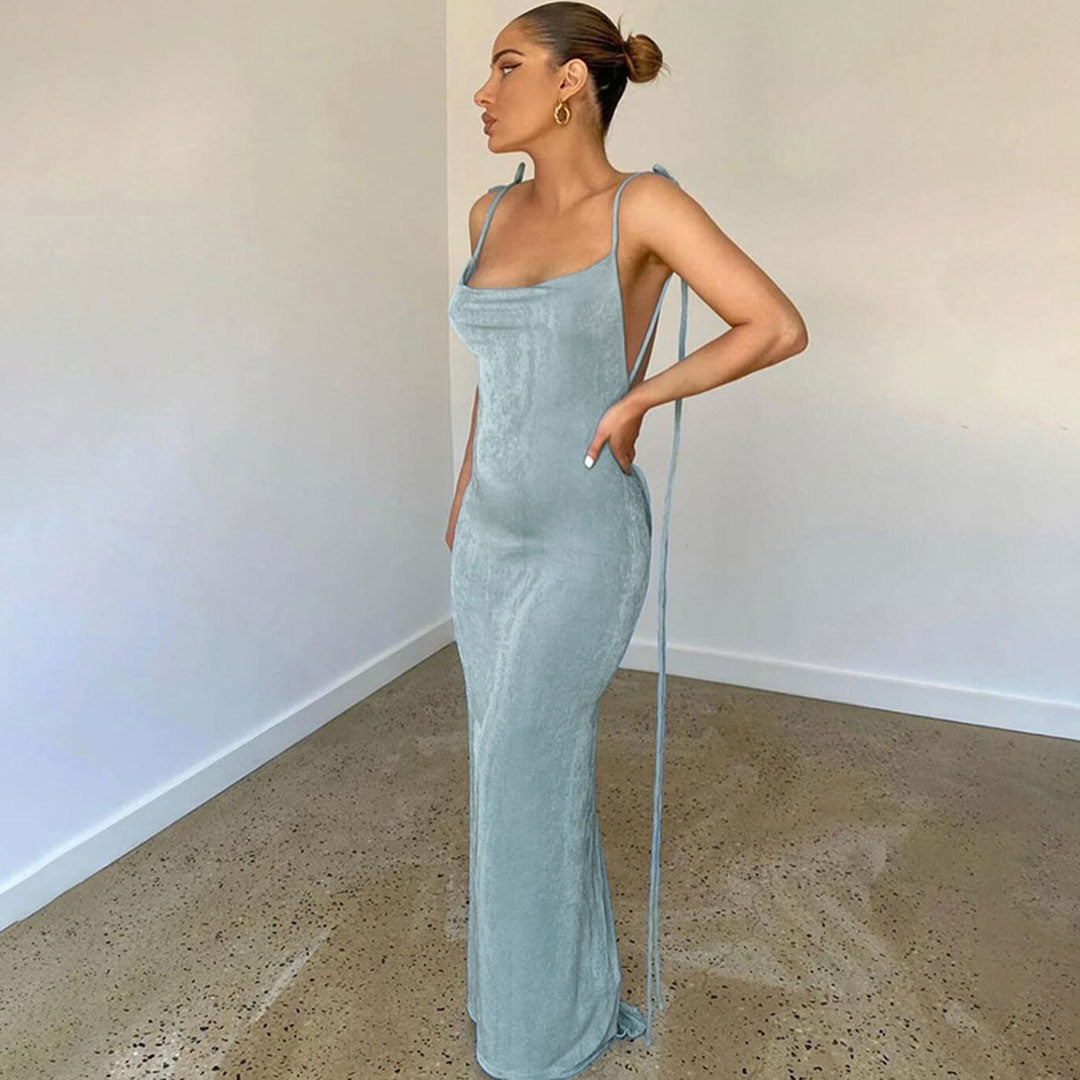 Cowl Neck Strappy Draped Backless Bodycon Maxi Dress