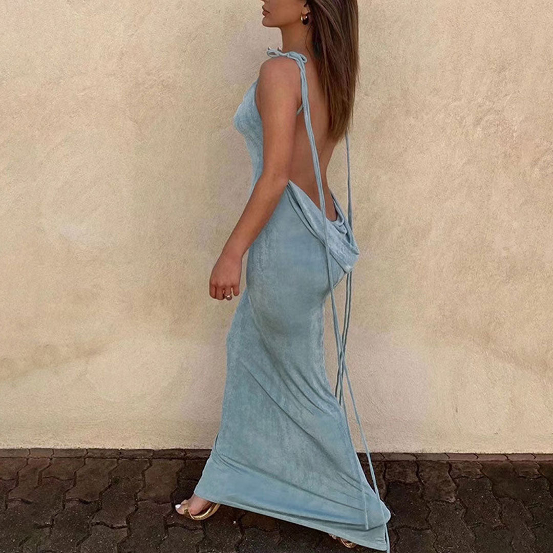 Cowl Neck Strappy Draped Backless Bodycon Maxi Dress 2