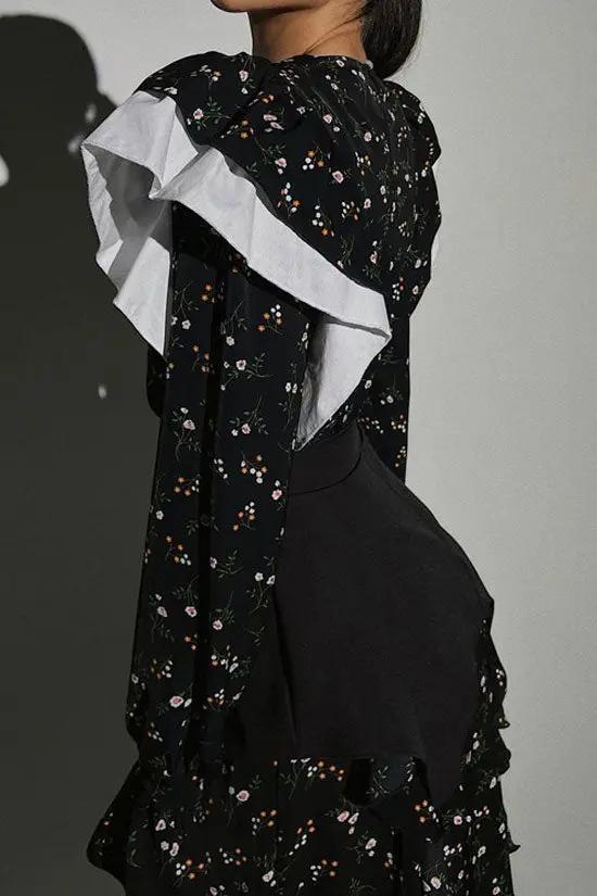 Pretty Crew Neck Ruffle Long Sleeve Belted Floral Printed Midi Dress - Black Fashionpara