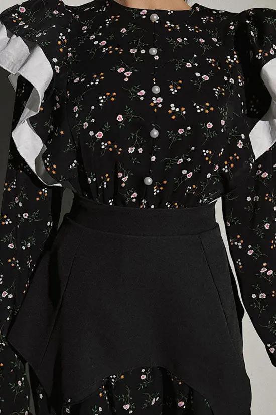 Pretty Crew Neck Ruffle Long Sleeve Belted Floral Printed Midi Dress - Black Fashionpara