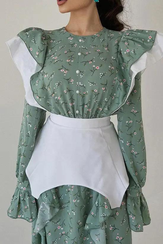 Pretty Crew Neck Ruffle Long Sleeve Belted Floral Printed Midi Dress - Green Fashionpara