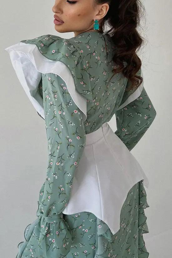 Pretty Crew Neck Ruffle Long Sleeve Belted Floral Printed Midi Dress - Green Fashionpara