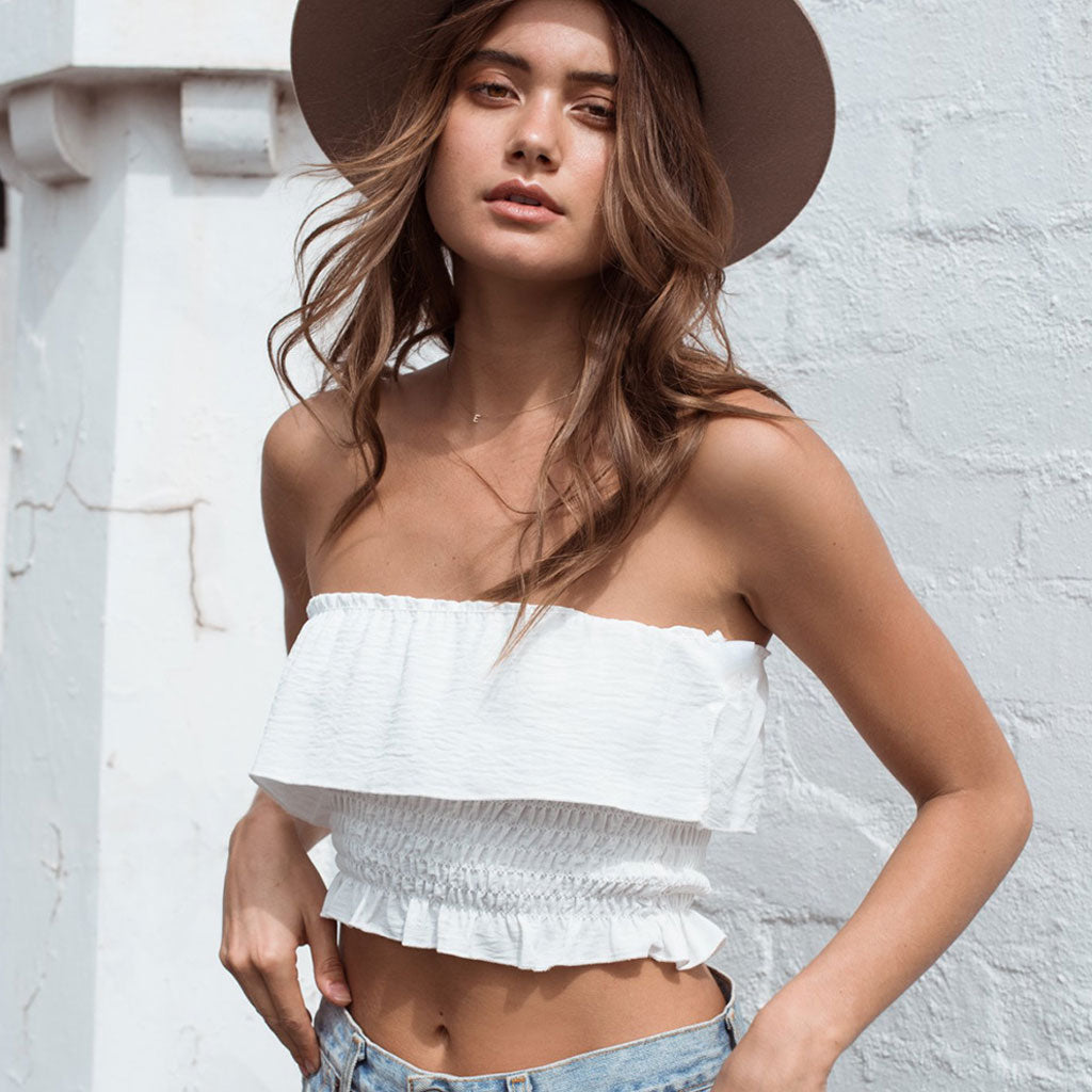 Pretty Ruffle Square Neck Tie Strap Crop Smocked Top - White - Fashionpara