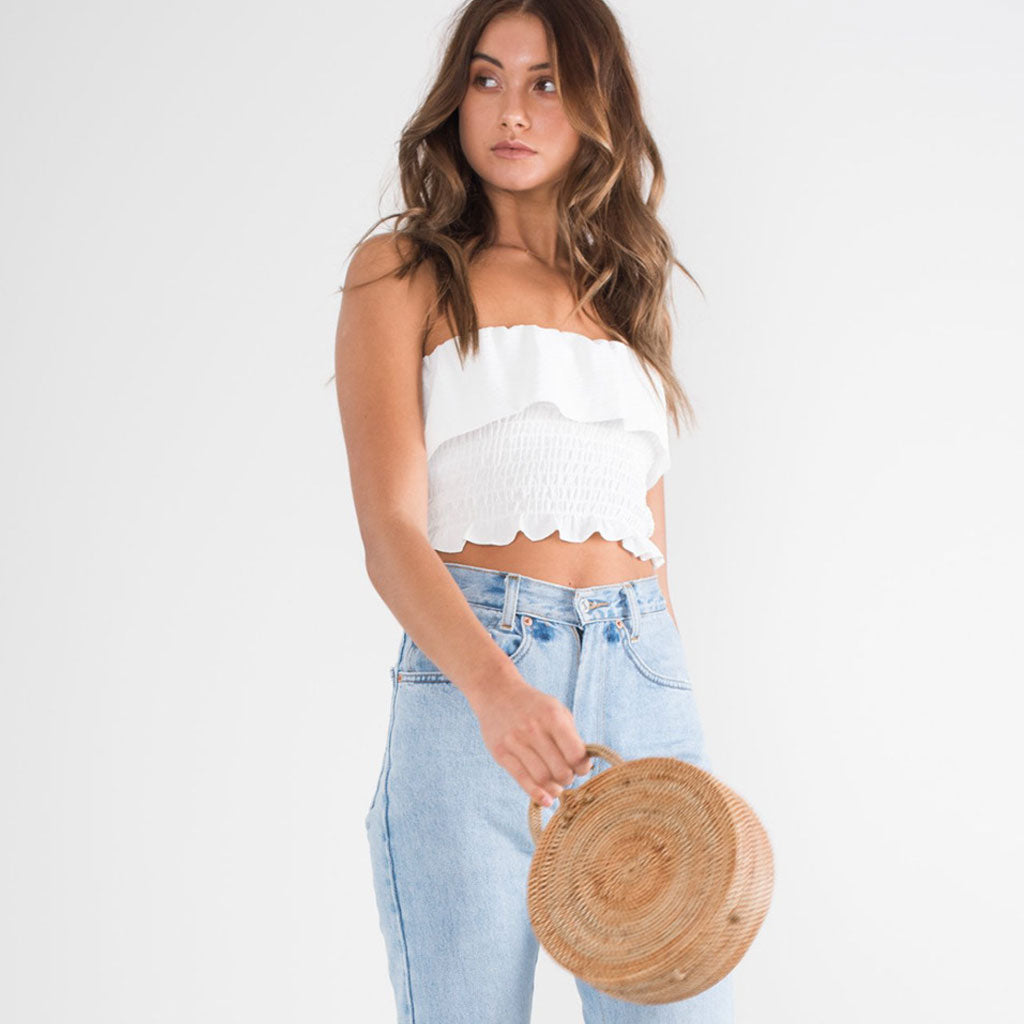 Pretty Ruffle Square Neck Tie Strap Crop Smocked Top - White - Fashionpara