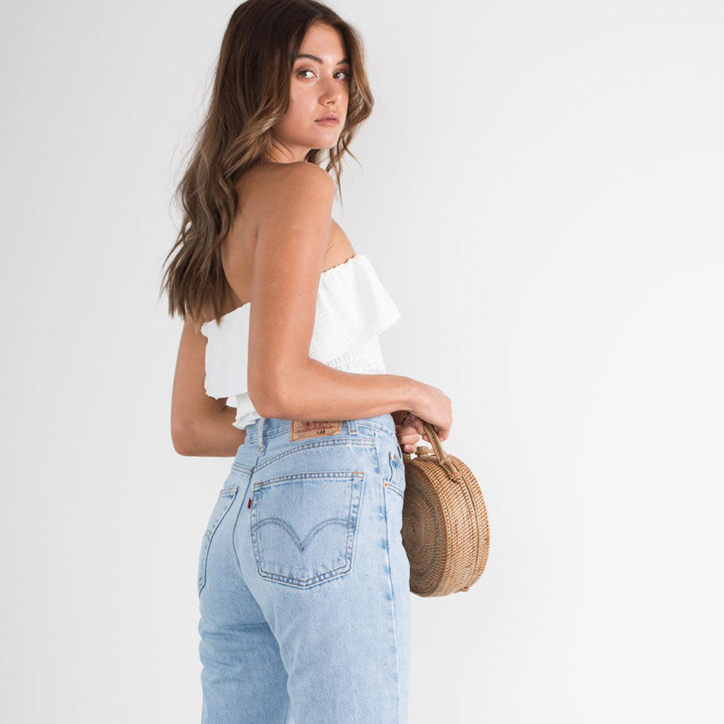 Pretty Ruffle Square Neck Tie Strap Crop Smocked Top - White - Fashionpara